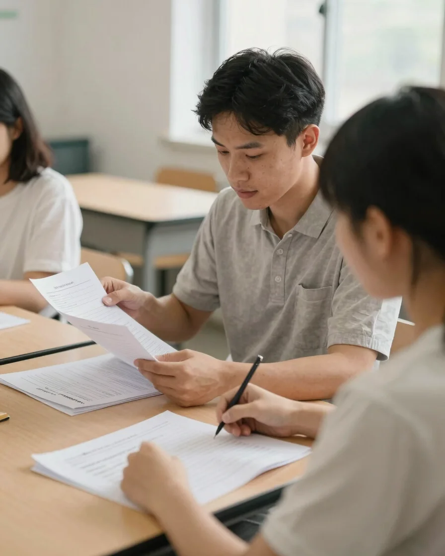 Documentary photograph of an instructor reviewing printed course materials with a learner in a bright classroom, soft na